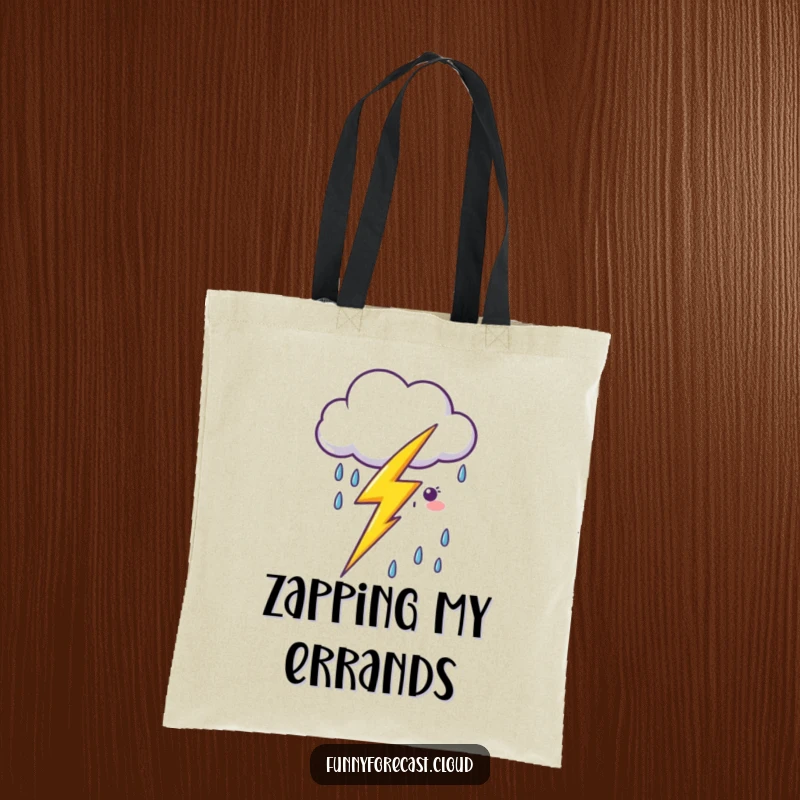 Funny kawaii lightning bolt zapping playfully near a smiling cartoon rain cloud on a durable and cute tote bag.