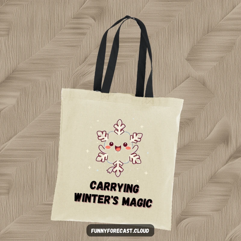 Funny kawaii snowflake character twirling happily, a delightful and humorous tote bag design.