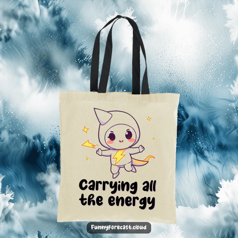 Funny lightning bolt character zipping with a playful streak, a vibrant and humorous design on a versatile tote bag.