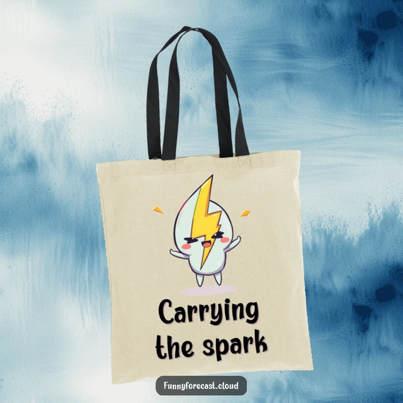 Funny tote bag with a lightning bolt character striking with a mischievous wink, full of energy.
