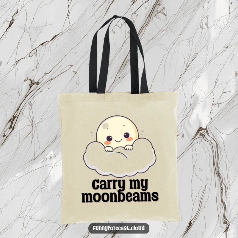Funny tote bag featuring a smiling moon character peeking out from behind a fluffy cloud, conveying serenity.