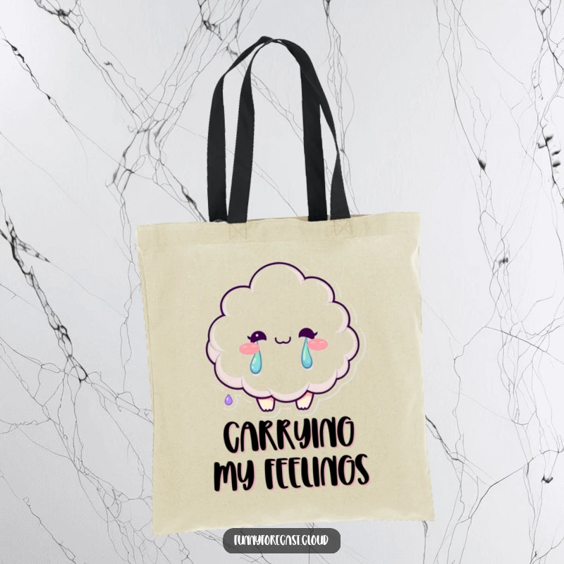 Funny tote bag with a smiling fluffy cloud character crying bright rainbow tears, a stylish and humorous accessory.
