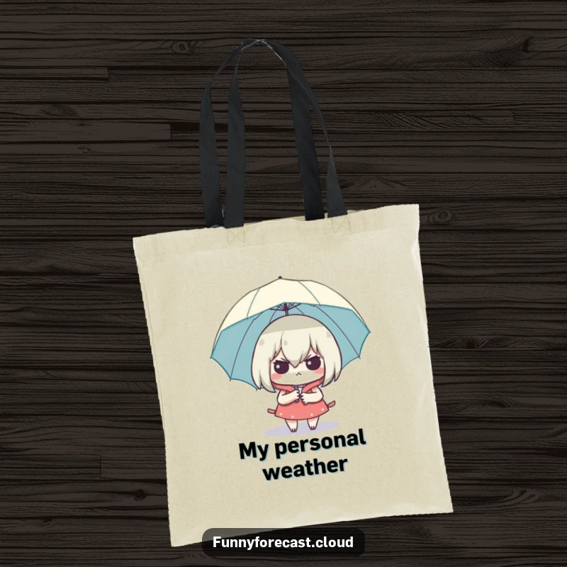 Funny Smug Umbrella Tote Bag with a character looking dry and smug under an umbrella, a humorous and practical accessory.