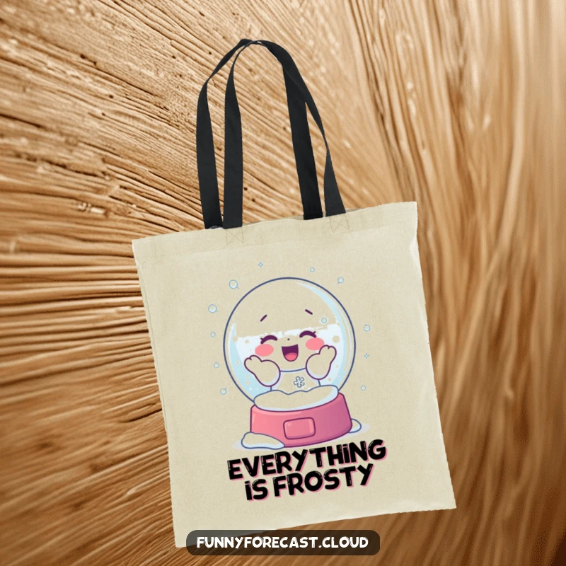 Funny tote bag with a snow globe character energetically shaking, releasing a shower of snowflakes with a look of pure frosty glee.