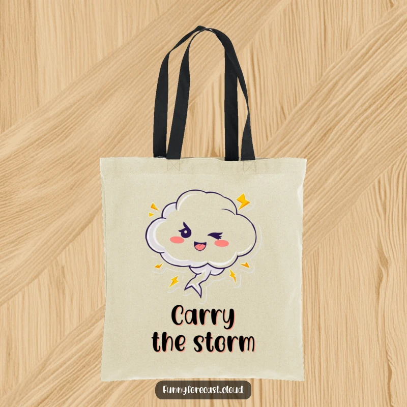 Funny tote bag with a cute thundercloud character winking, and playful lightning bolts zipping around, perfect for carrying anything.