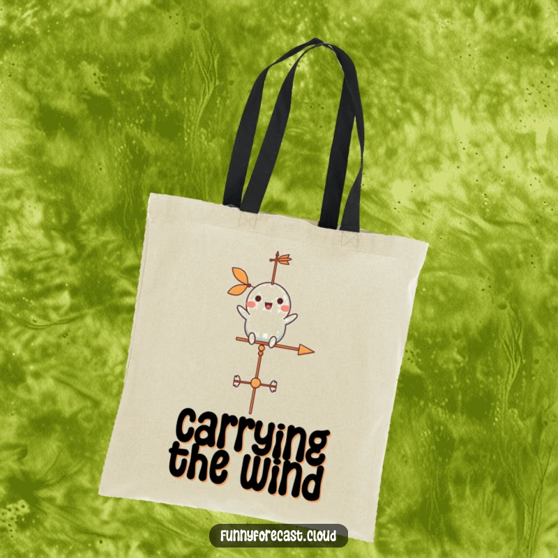 Funny weather vane character cheerfully spinning in a gentle breeze on a tote bag, ideal for carrying items.