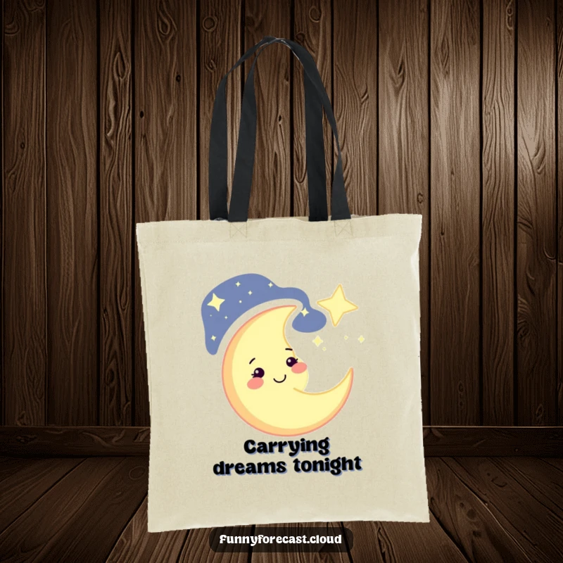 Funny winking crescent moon tote bag, stylishly carrying the starry night sky, perfect for grocery runs, a funny gift.