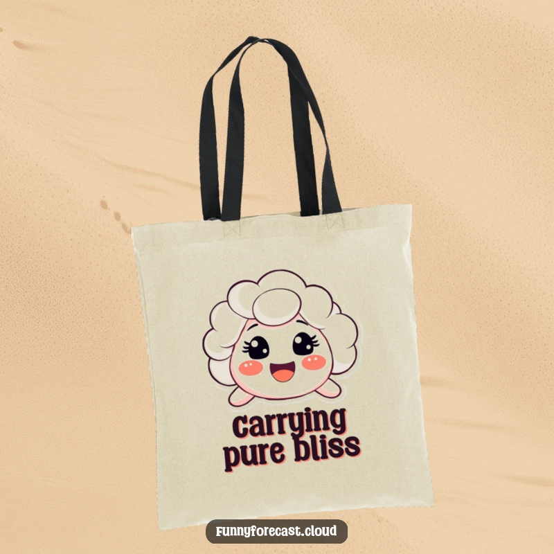 Funny tote bag with a cloud character sporting a very big, surprised, happy smile. Cheerful weather accessory.