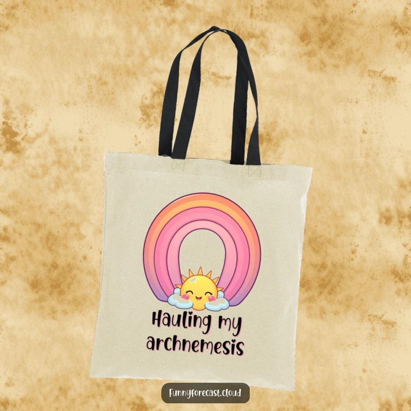 Funny Tote Bag: A smiling sun with a bright rainbow character forming a cheerful arch, ready for any adventure.