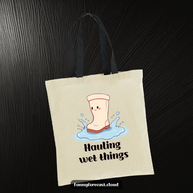 Funny Tote Bag: A cheerful rain boot splashing in a puddle, perfect for carrying wet weather essentials.