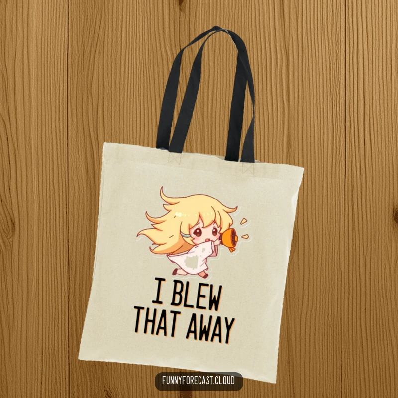 Funny Wind Gust Tote Bag showing a character being comically blown away by wind, a humorous way to carry essentials.
