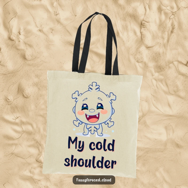 Funny tote bag featuring a shivering cartoon snowflake character with chattering teeth, ideal for carrying groceries or gear with a humorous touch.