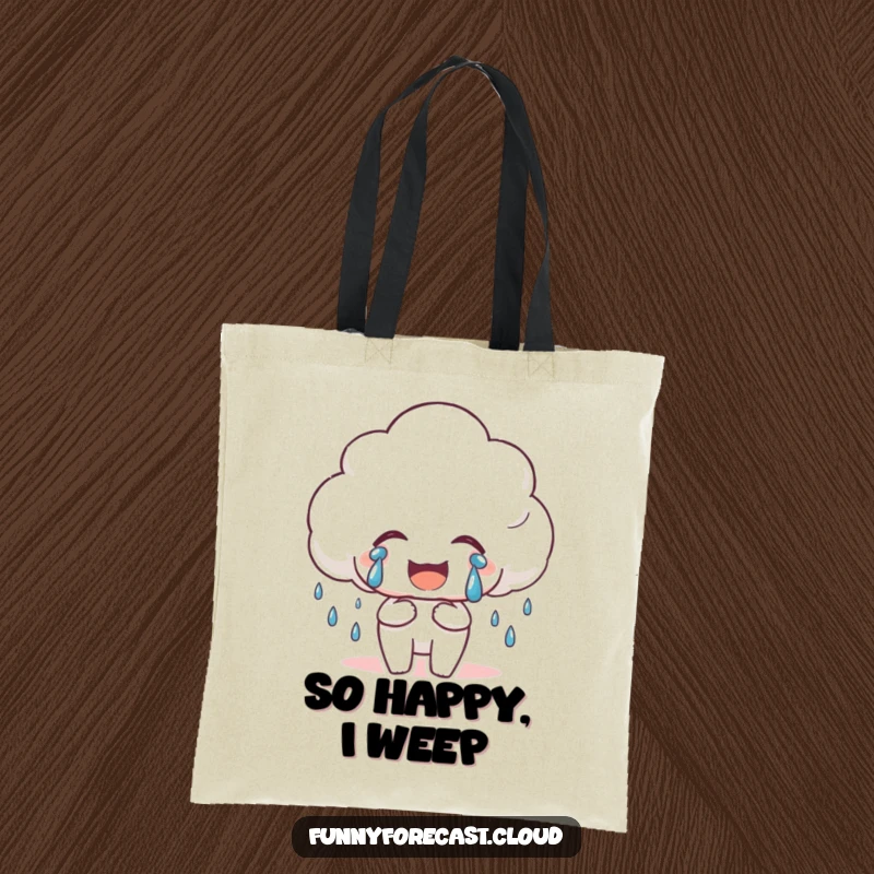 Funny Happy Rain Cloud Tote Bag showing a cloud crying tears of joy, a cheerful and practical accessory for carrying happiness.